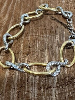 Two-Tone Gold & Silver Link Bracelet with Pave Loop Accent